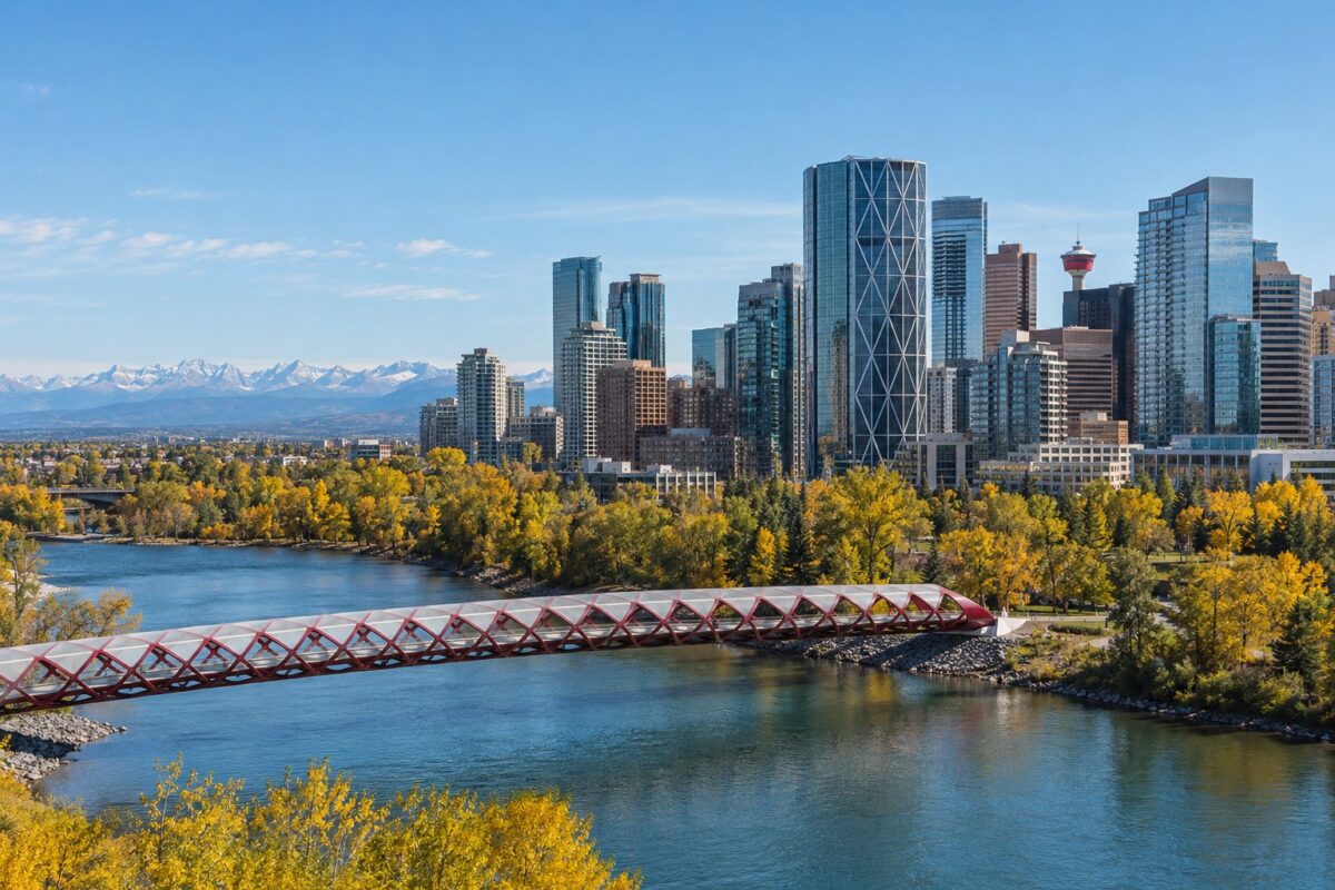 Calgary : la rivière Bow et le centre-ville, Rocheuses à l'horizon