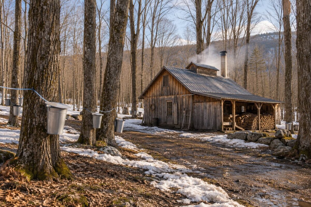 Cantons-de-l'Est : une cabane à sucre dans une érablière, à la fin de l'hiver