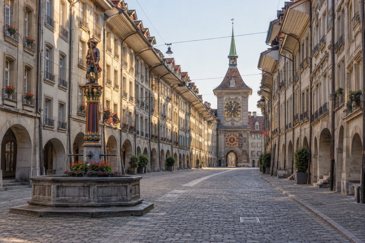 Berne : les arcades et la Zytglogge de la Kramgasse