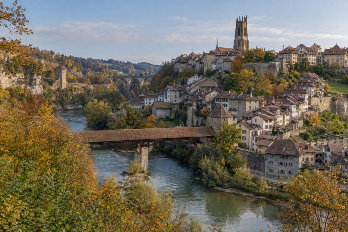 Fribourg : la vieille ville et le pont de Berne sur la Sarine