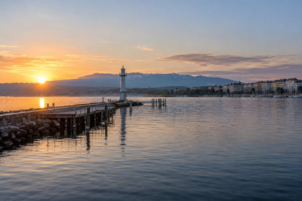 Genève : les Bains des Pâquis et le Léman au lever du jour