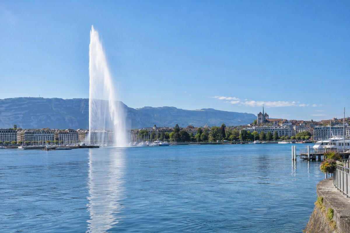 Genève : le jet d'eau et la rade depuis le quai du Mont-Blanc