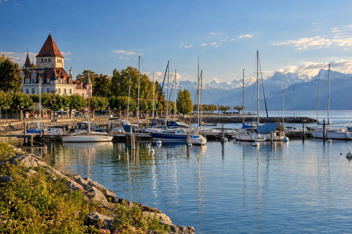 Lausanne : le port d'Ouchy et le Léman face aux Alpes