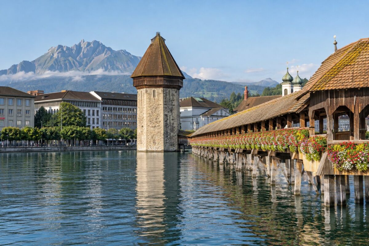 Lucerne : le pont de la Chapelle sur la Reuss