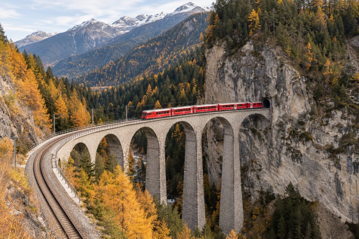 Le viaduc de Landwasser et un train rouge des Grisons