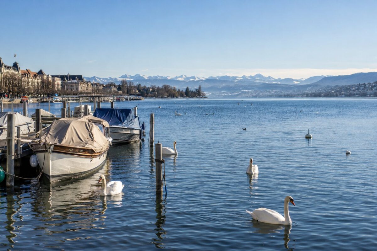 Zurich : le lac et les Alpes depuis le quai