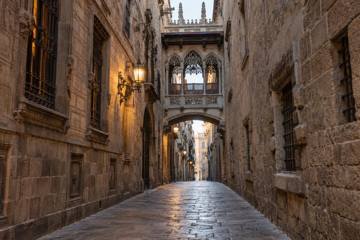 Barcelone : une ruelle du quartier gothique et le pont de la carrer del Bisbe
