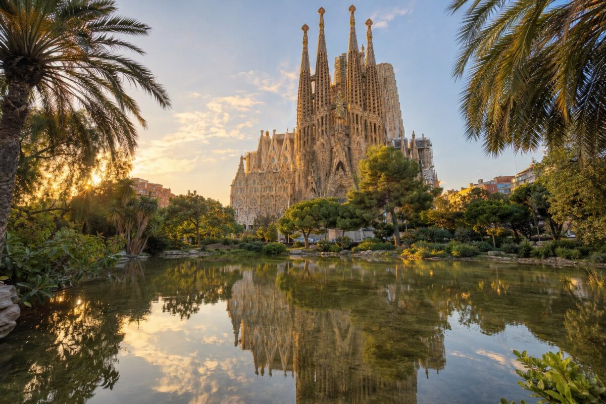 Barcelone : la Sagrada Família vue depuis l'étang de la plaça de Gaudí