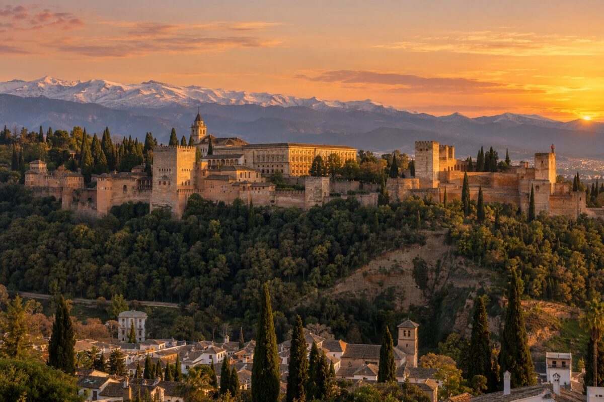 Grenade : l'Alhambra et la sierra Nevada enneigée depuis le mirador de San Nicolás