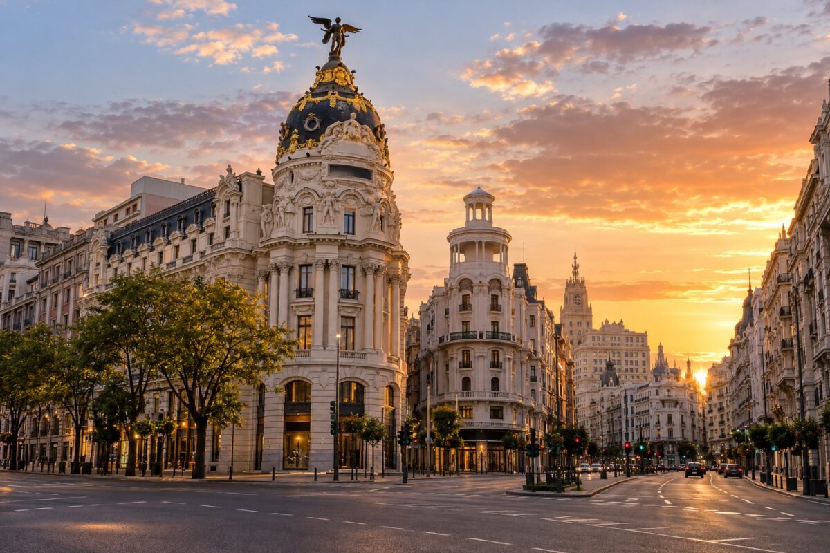 Madrid : la Gran Vía et l'immeuble Metrópolis au coucher du soleil