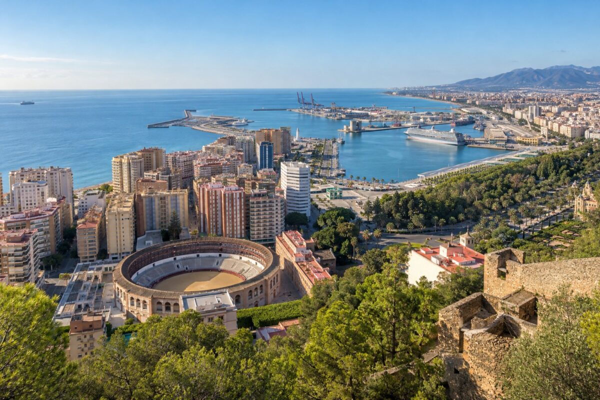 Málaga : le port, la Malagueta et l'arène depuis Gibralfaro