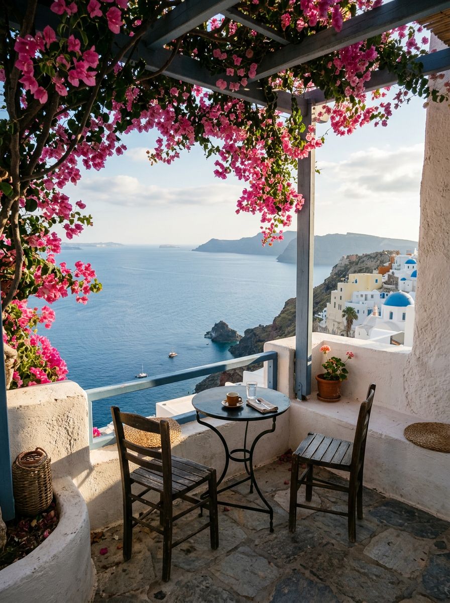Une terrasse au-dessus de la Méditerranée, en fin d'après-midi