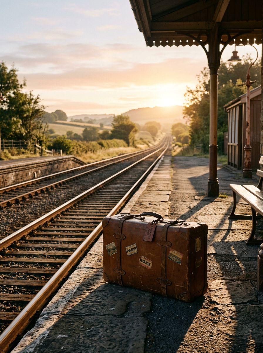 Une valise sur un quai de gare, au lever du soleil