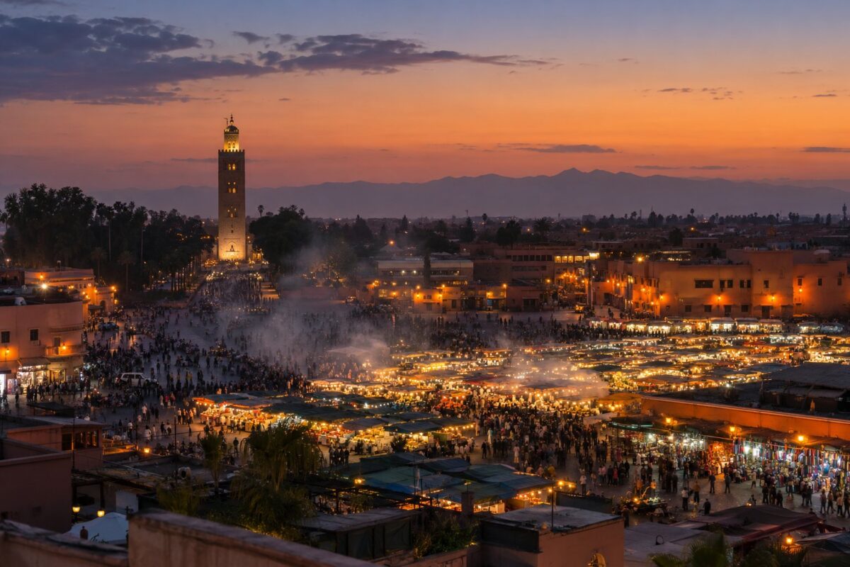 Marrakech : la place Jemaa el-Fna et le minaret de la Koutoubia au crépuscule