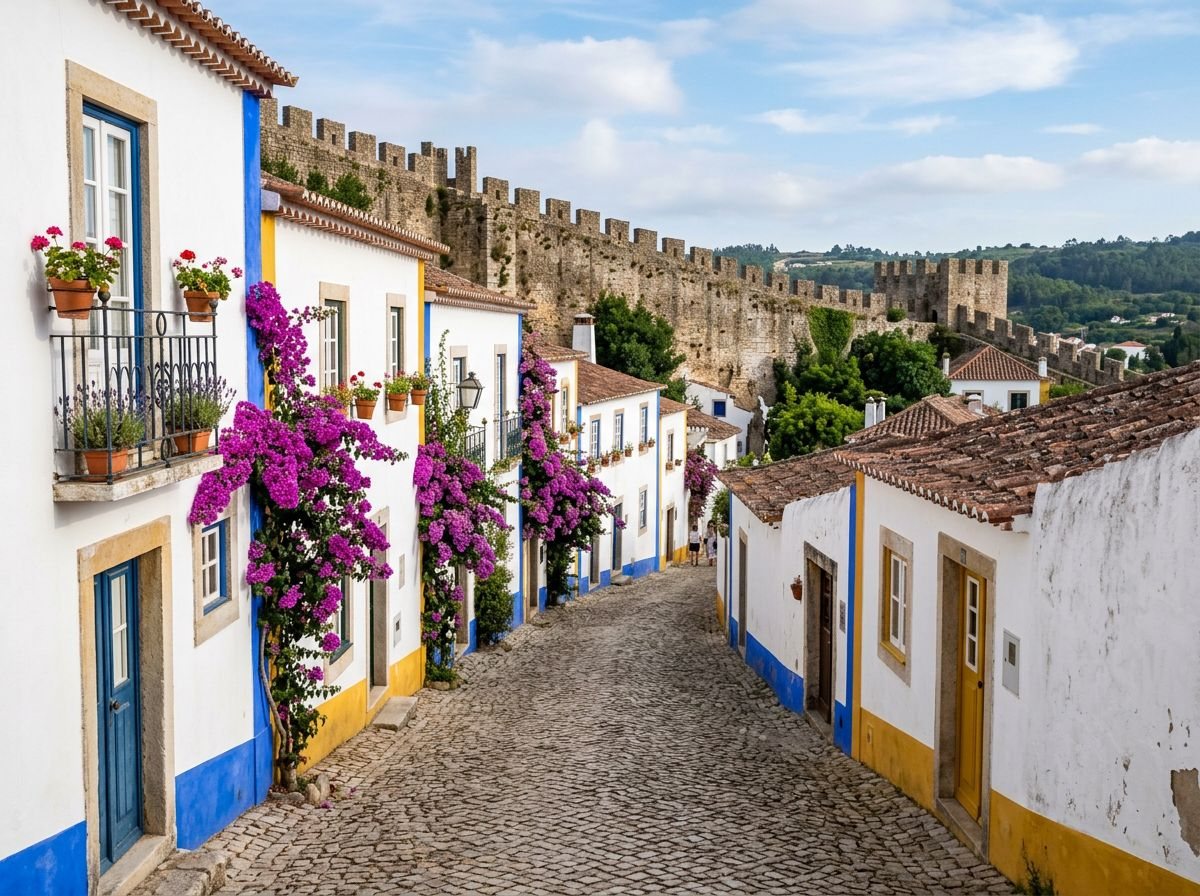 Óbidos : maisons blanchies à la chaux, bordures bleues et jaunes